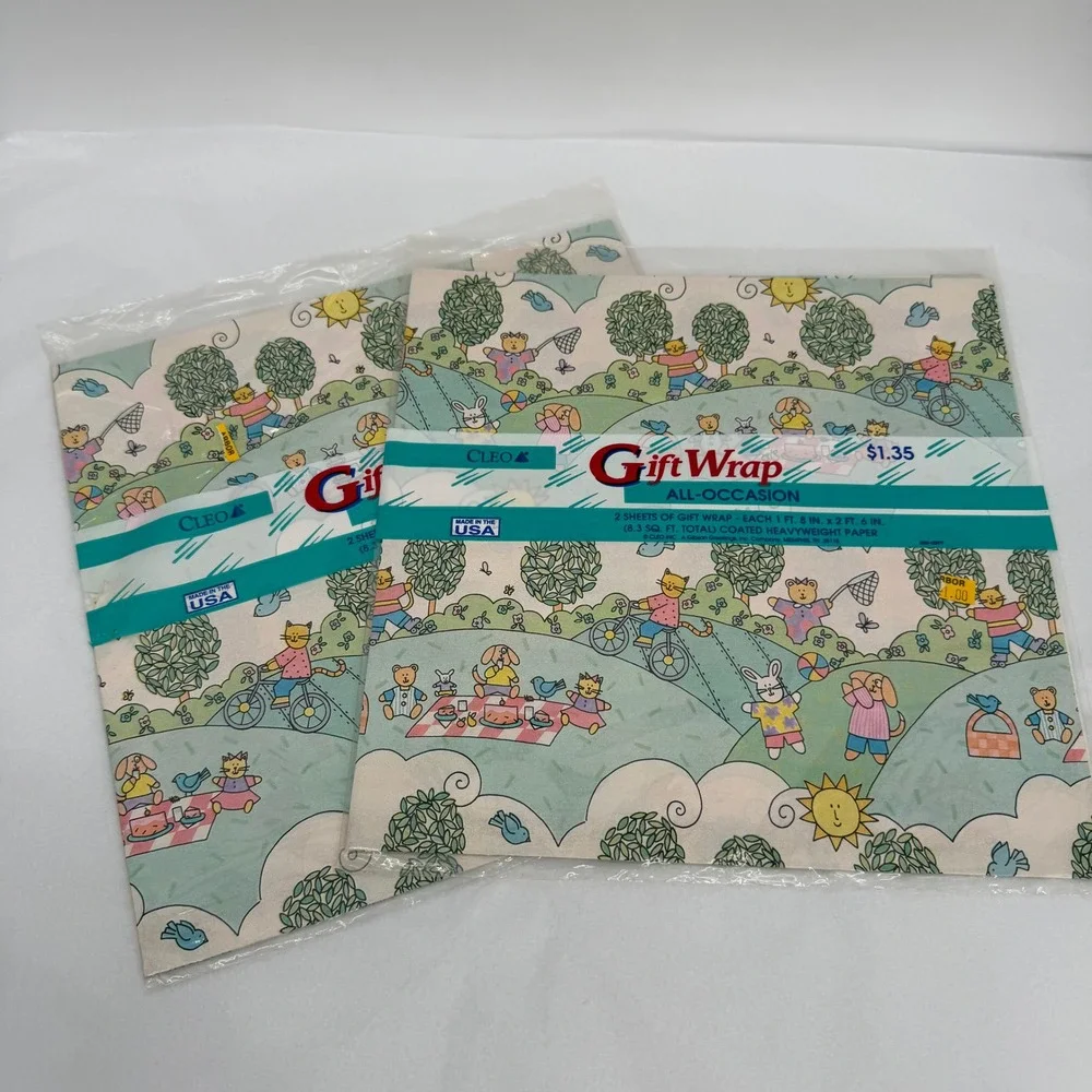 Cleo Gift Wrap Wrapping Paper Sheets Pastel Animal Kids Picnic VTG Lot of 2